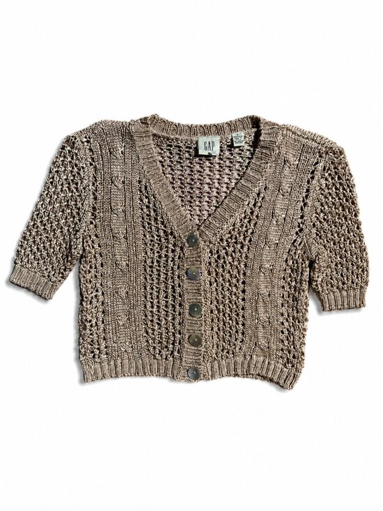GAP Sweaters - Vintage GAP Women Crochet Open Knit Short Sleeve Crop Cardigan Metallic Beige S